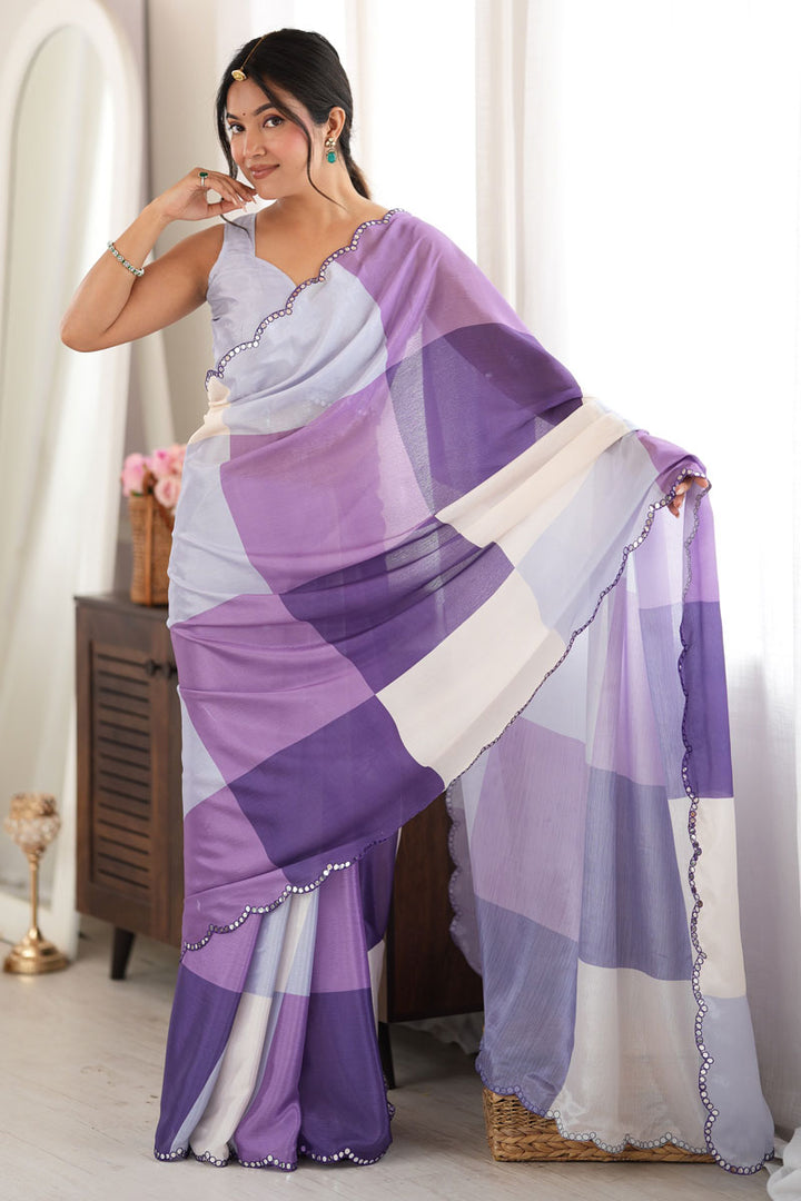 Amazing Digital Printed Mirror Cut Purple Chinon Saree