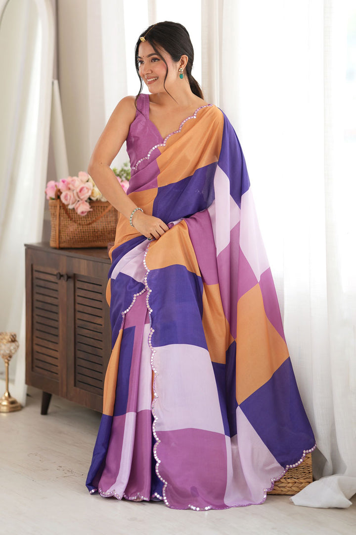 Trendy Chinon Fabric Multi Color Saree With Mirror Cut Work