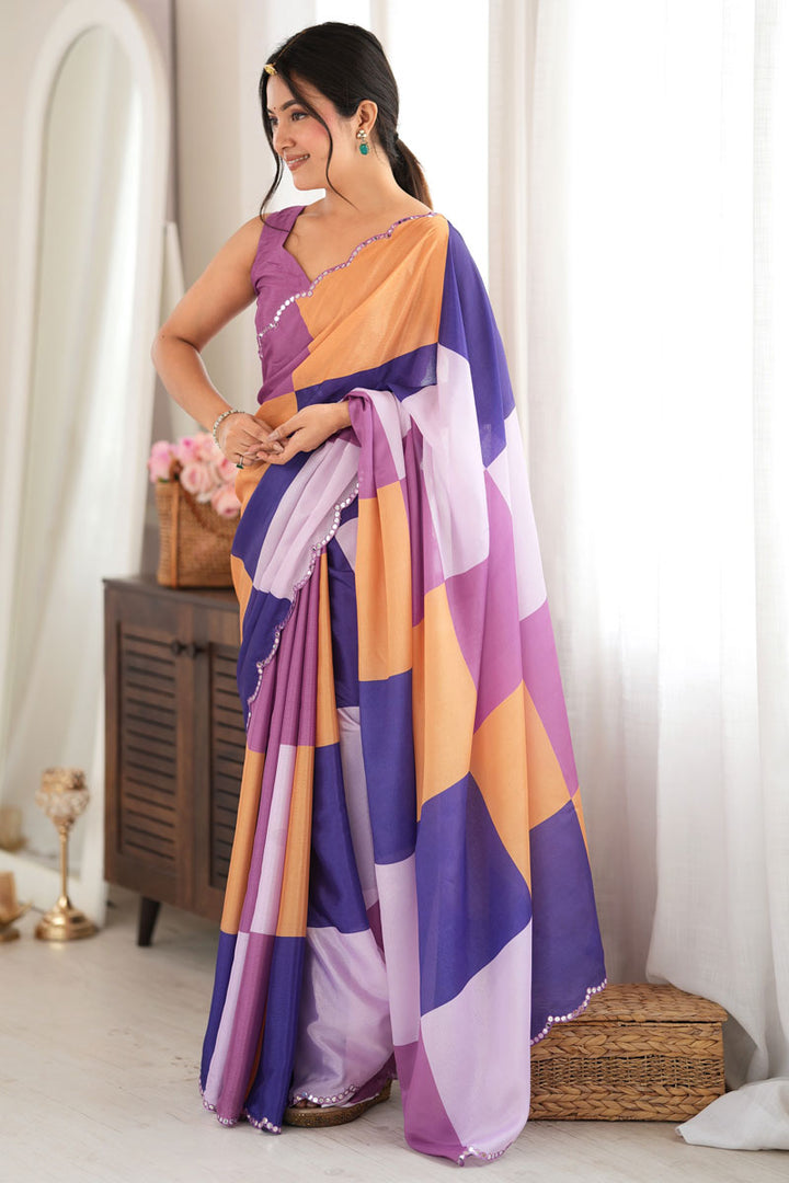 Trendy Chinon Fabric Multi Color Saree With Mirror Cut Work