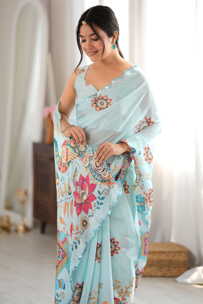 Sea Green Digital Printed Mirror Cut Chinon Chic Saree