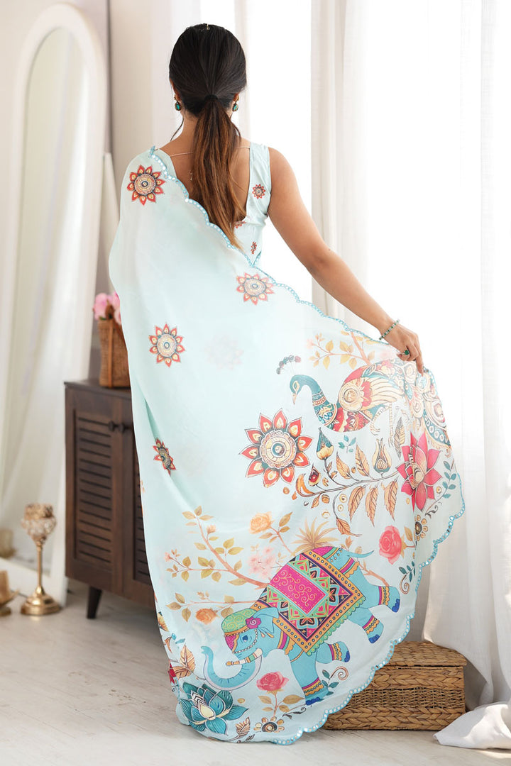 Sea Green Digital Printed Mirror Cut Chinon Chic Saree