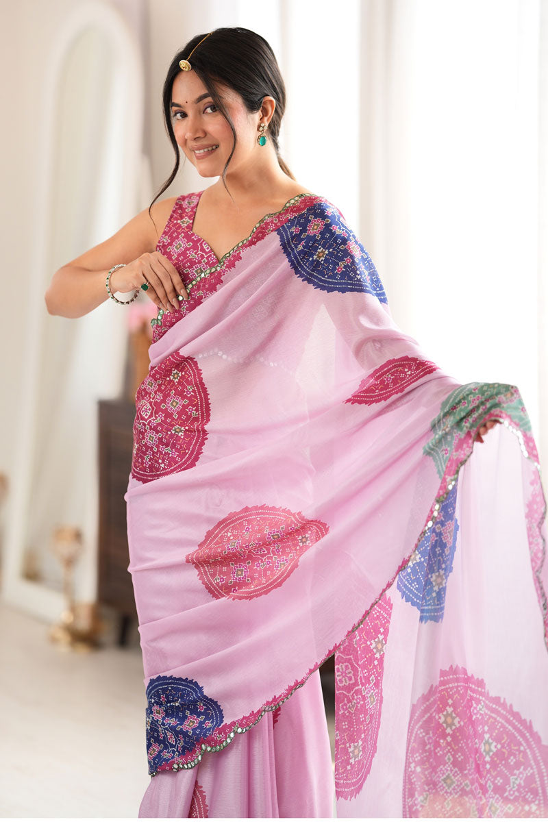 Soothing Digital Printed On Pink Chinon Fabric Mirror Cut Saree