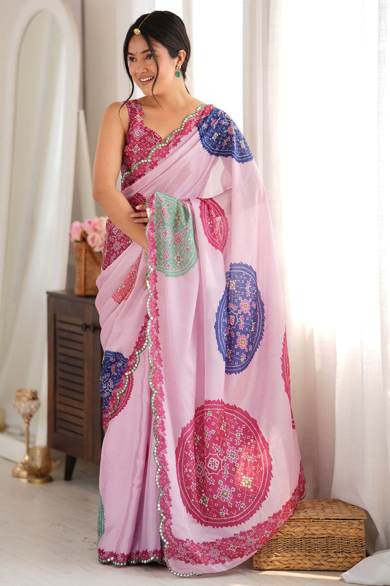 Soothing Digital Printed On Pink Chinon Fabric Mirror Cut Saree