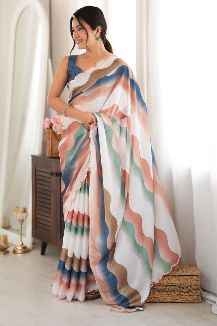Graceful Chinon Fabric Multi Color Mirror Cut Printed Saree