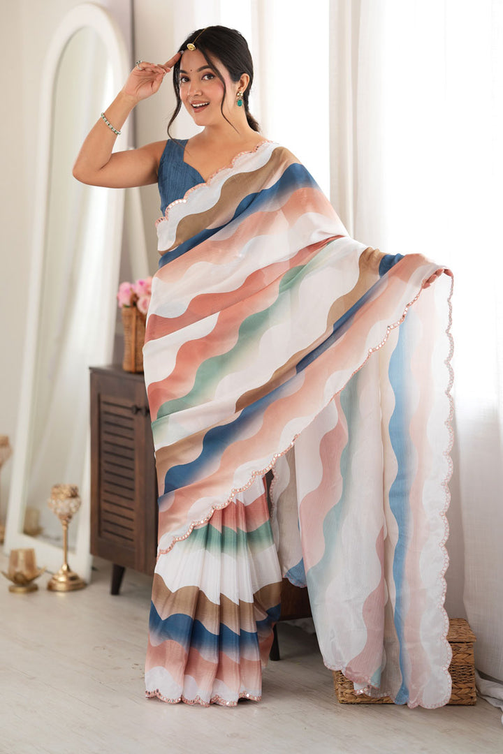 Graceful Chinon Fabric Multi Color Mirror Cut Printed Saree