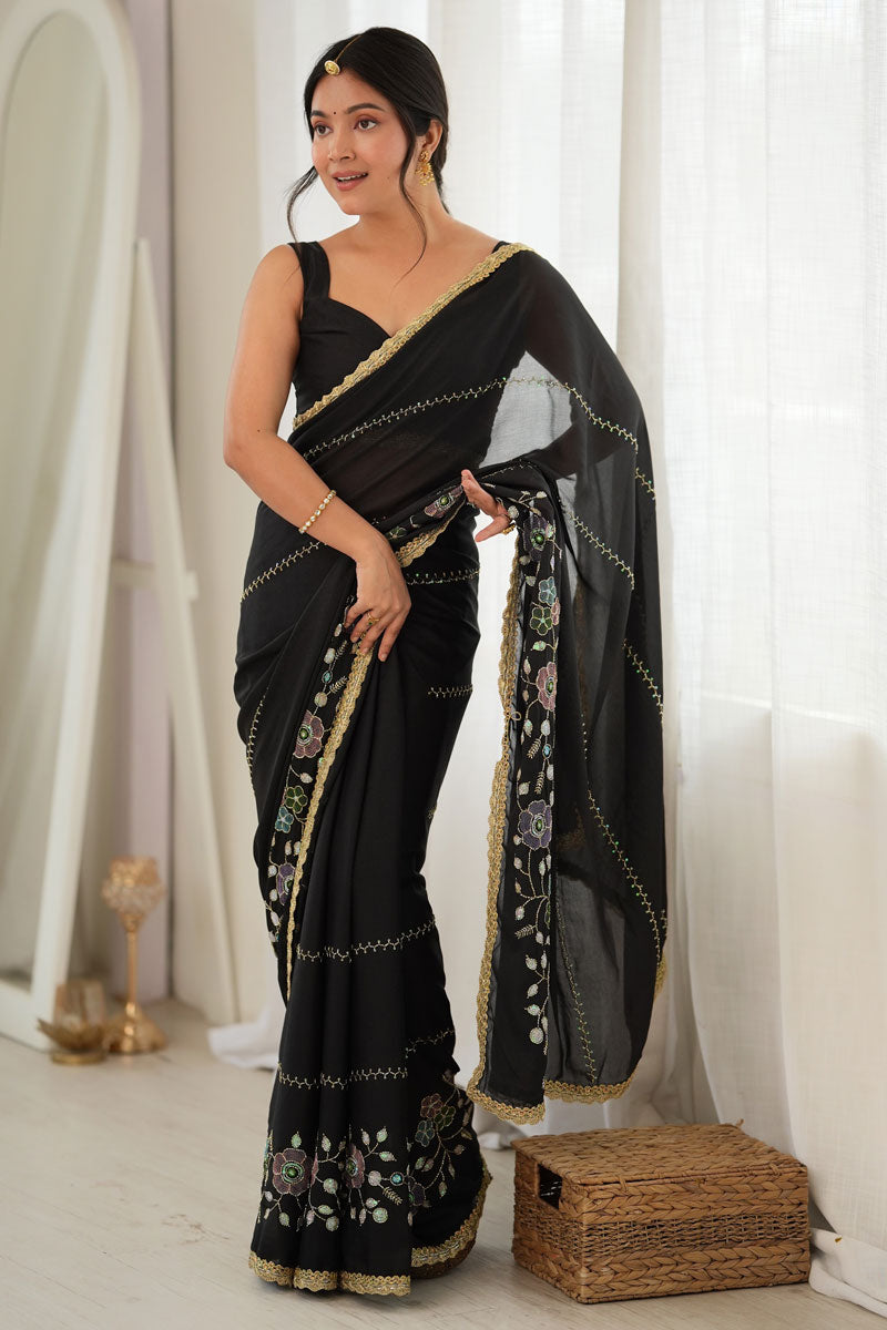 Black Georgette Embroidered Saree For Party | Buy Online India