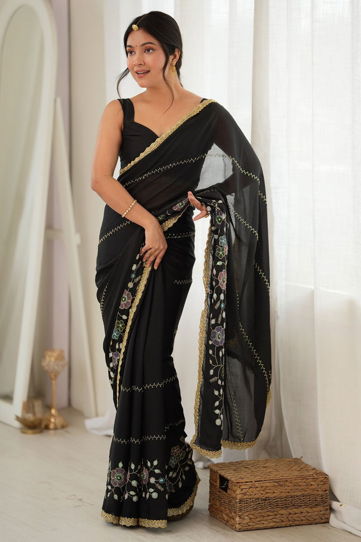 Black Georgette Embroidered Saree For Party | Buy Online India