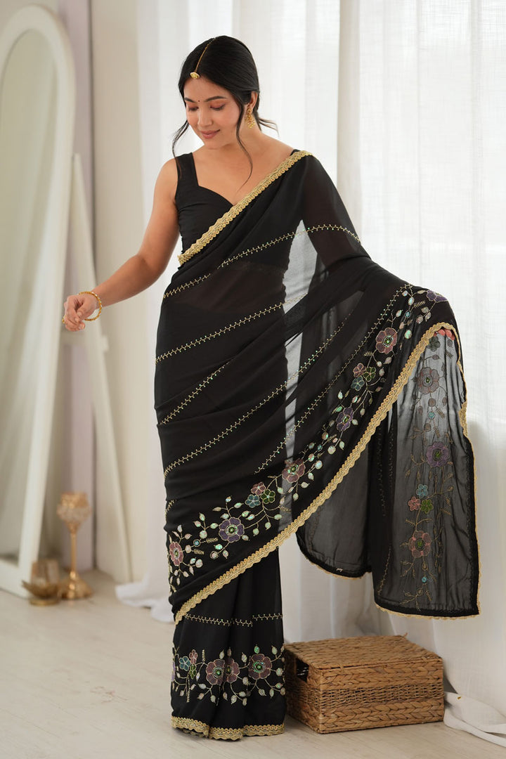 Black Georgette Embroidered Saree For Party | Buy Online India