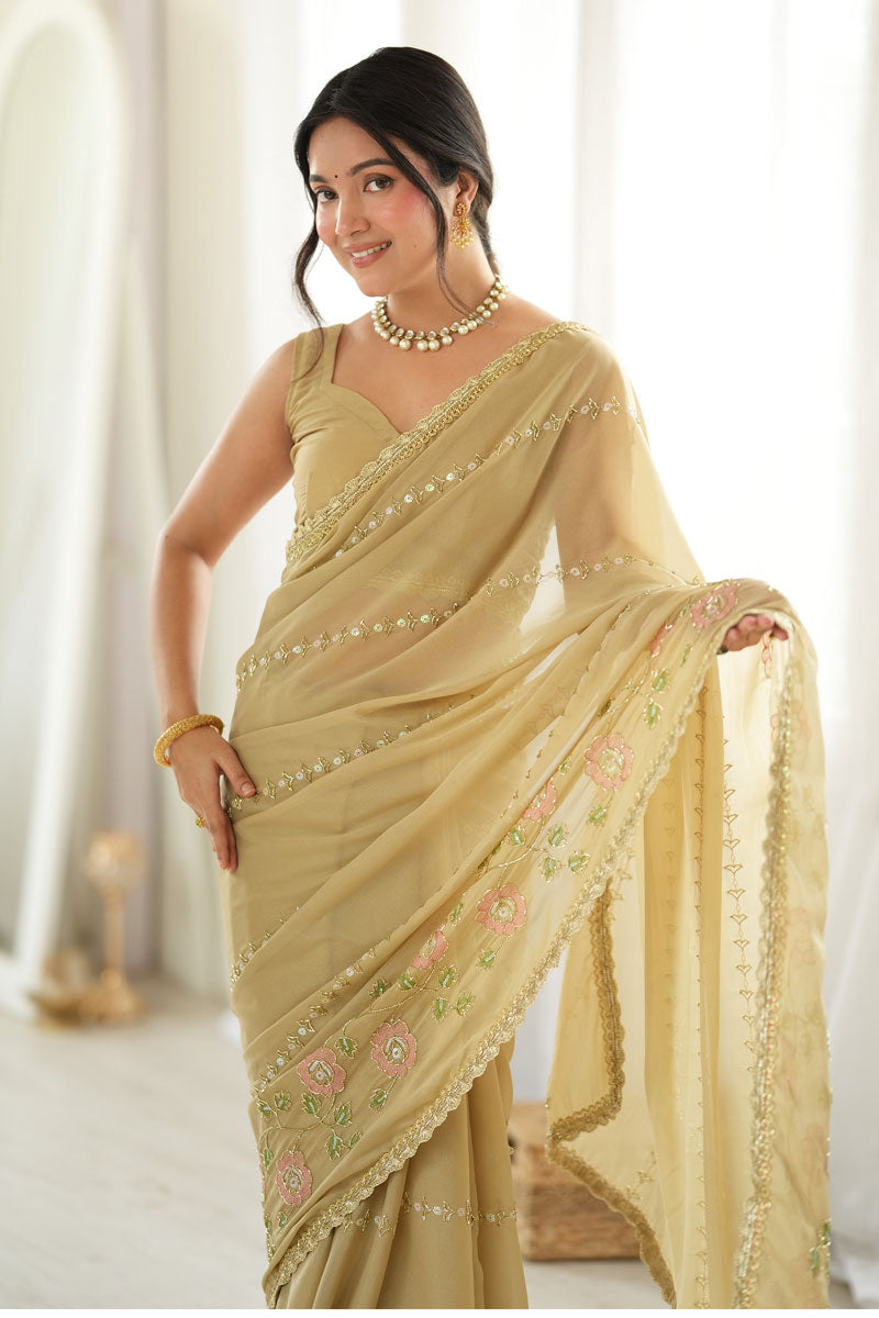 Party Style Georgette Beige Color Embroidered Saree | Buy Online India