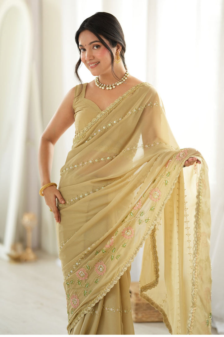 Party Style Georgette Beige Color Embroidered Saree | Buy Online India