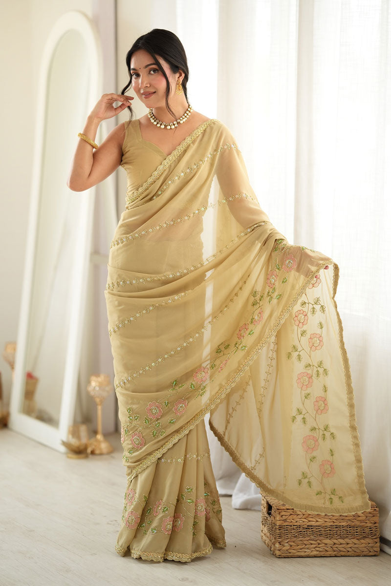 Party Style Georgette Beige Color Embroidered Saree | Buy Online India