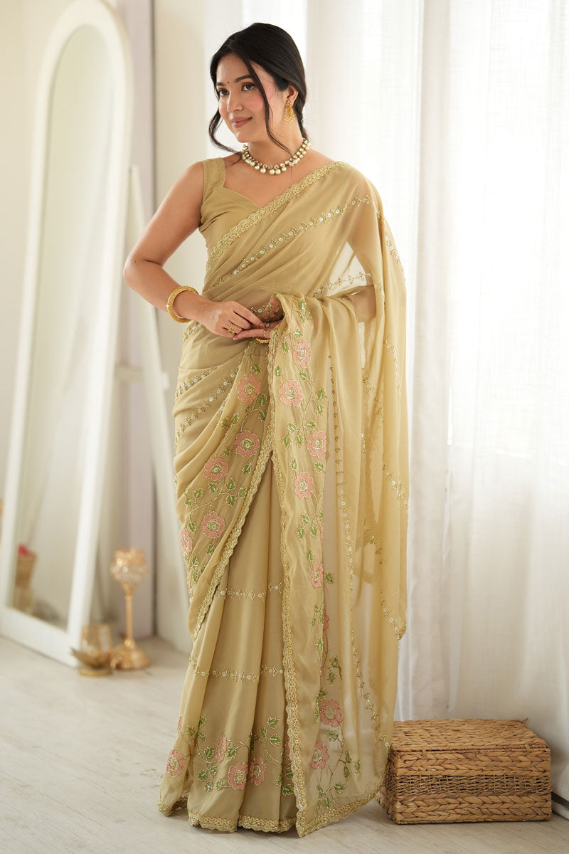 Party Style Georgette Beige Color Embroidered Saree | Buy Online India