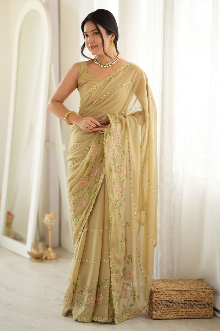 Party Style Georgette Beige Color Embroidered Saree | Buy Online India