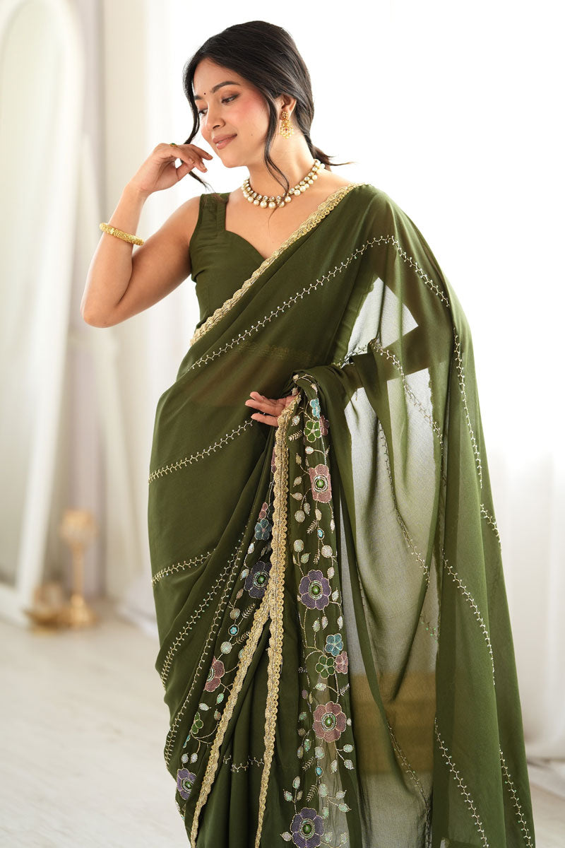 Georgette Fabric Embroidered Saree In Green Color | Buy Online India