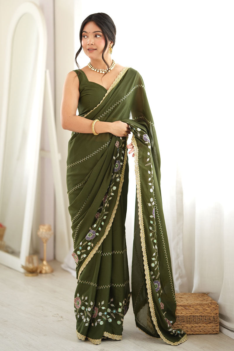 Georgette Fabric Embroidered Saree In Green Color | Buy Online India