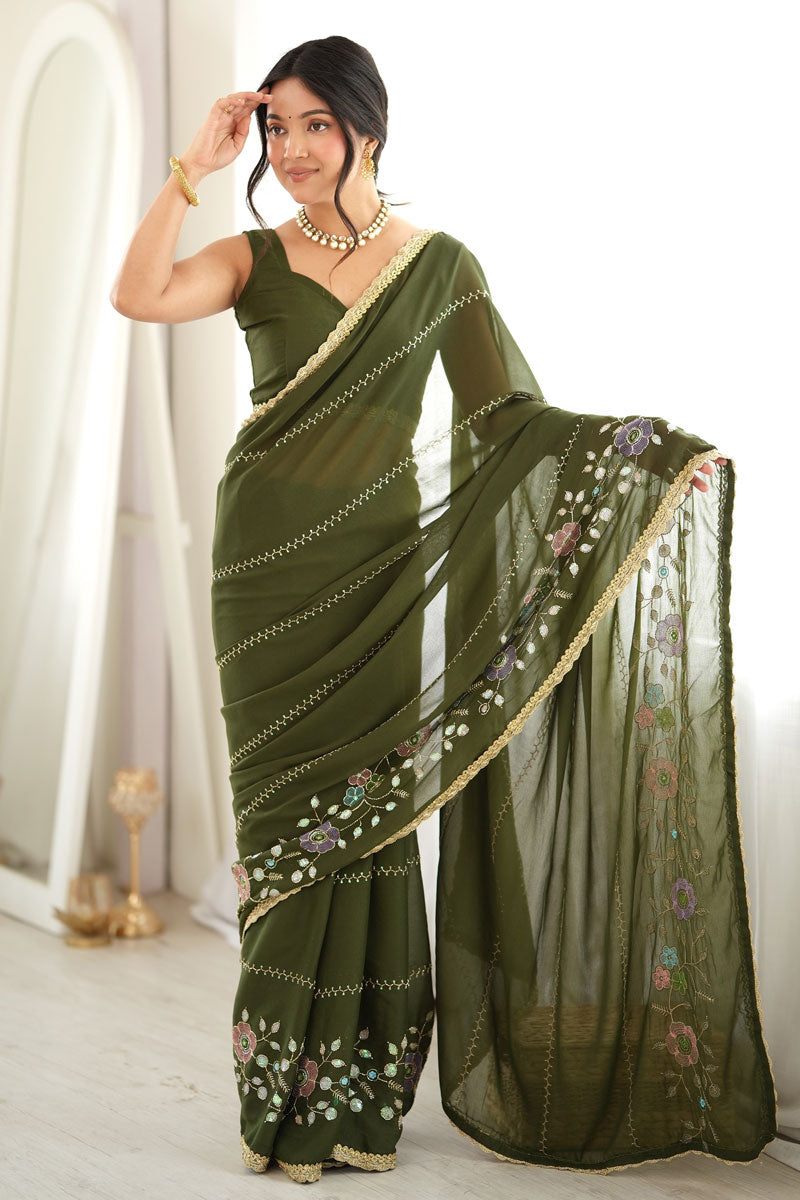 Georgette Fabric Embroidered Saree In Green Color | Buy Online India