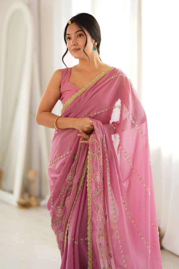 Pink Color Georgette Fabric Coveted Embroidered Saree | Buy Online India
