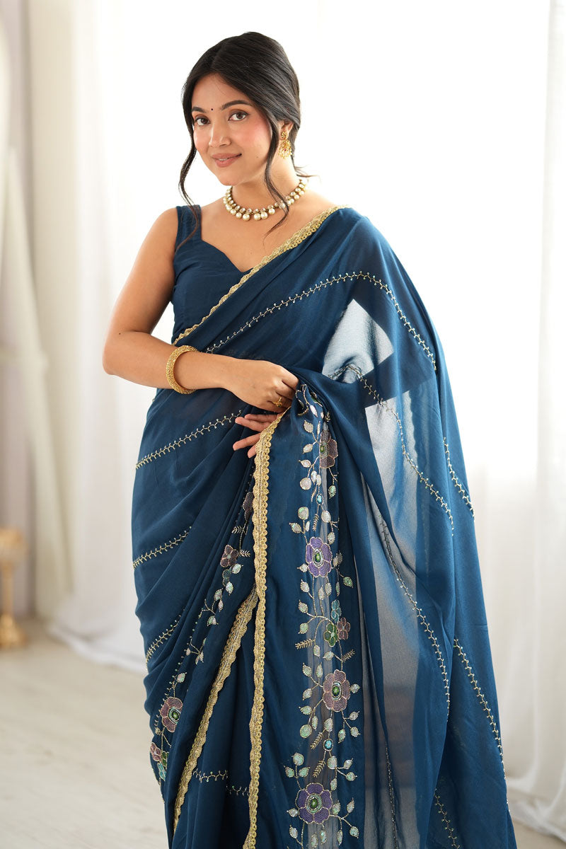 Party Style Georgette Fabric Teal Color Saree | Buy Online India