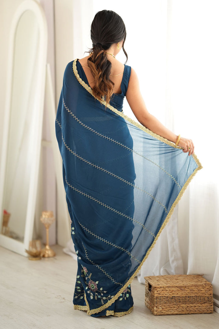 Party Style Georgette Fabric Teal Color Saree | Buy Online India