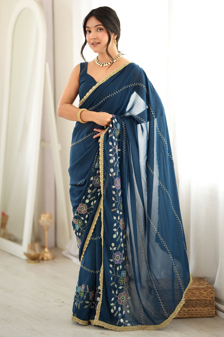 Party Style Georgette Fabric Teal Color Saree | Buy Online India
