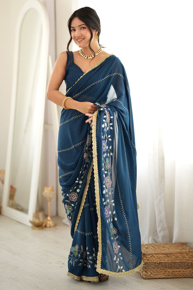 Party Style Georgette Fabric Teal Color Saree | Buy Online India