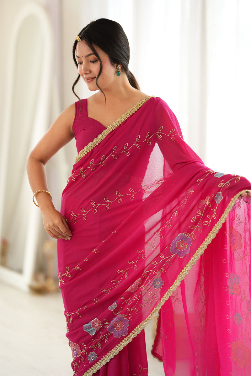 Rani Color Excellent Georgette Embroidered Saree | Buy Online India
