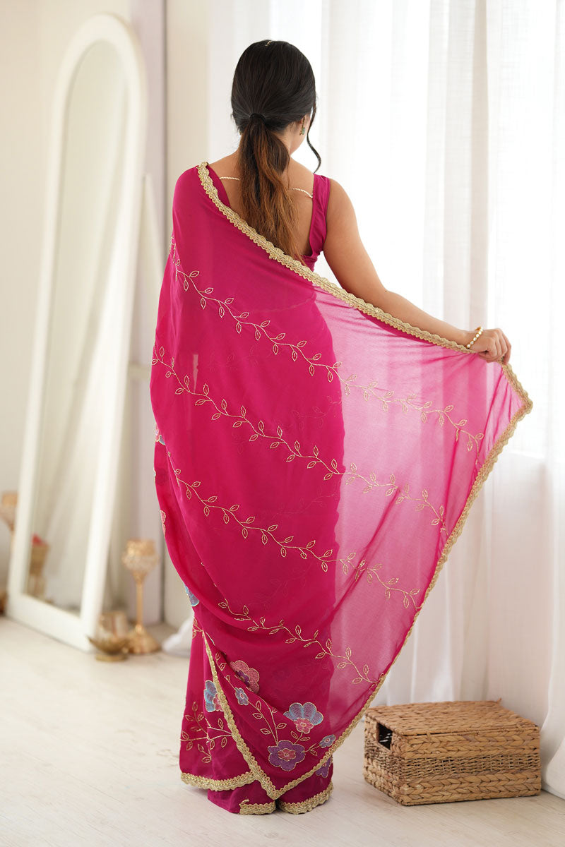 Rani Color Excellent Georgette Embroidered Saree | Buy Online India
