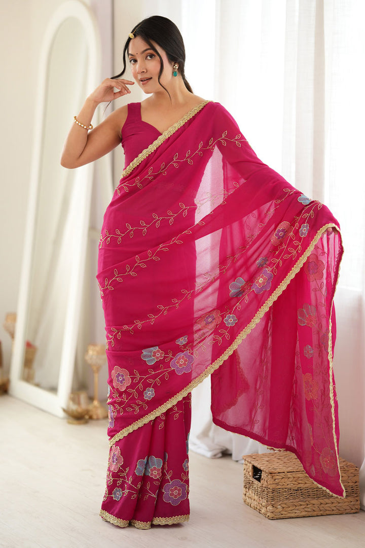 Rani Color Excellent Georgette Embroidered Saree | Buy Online India