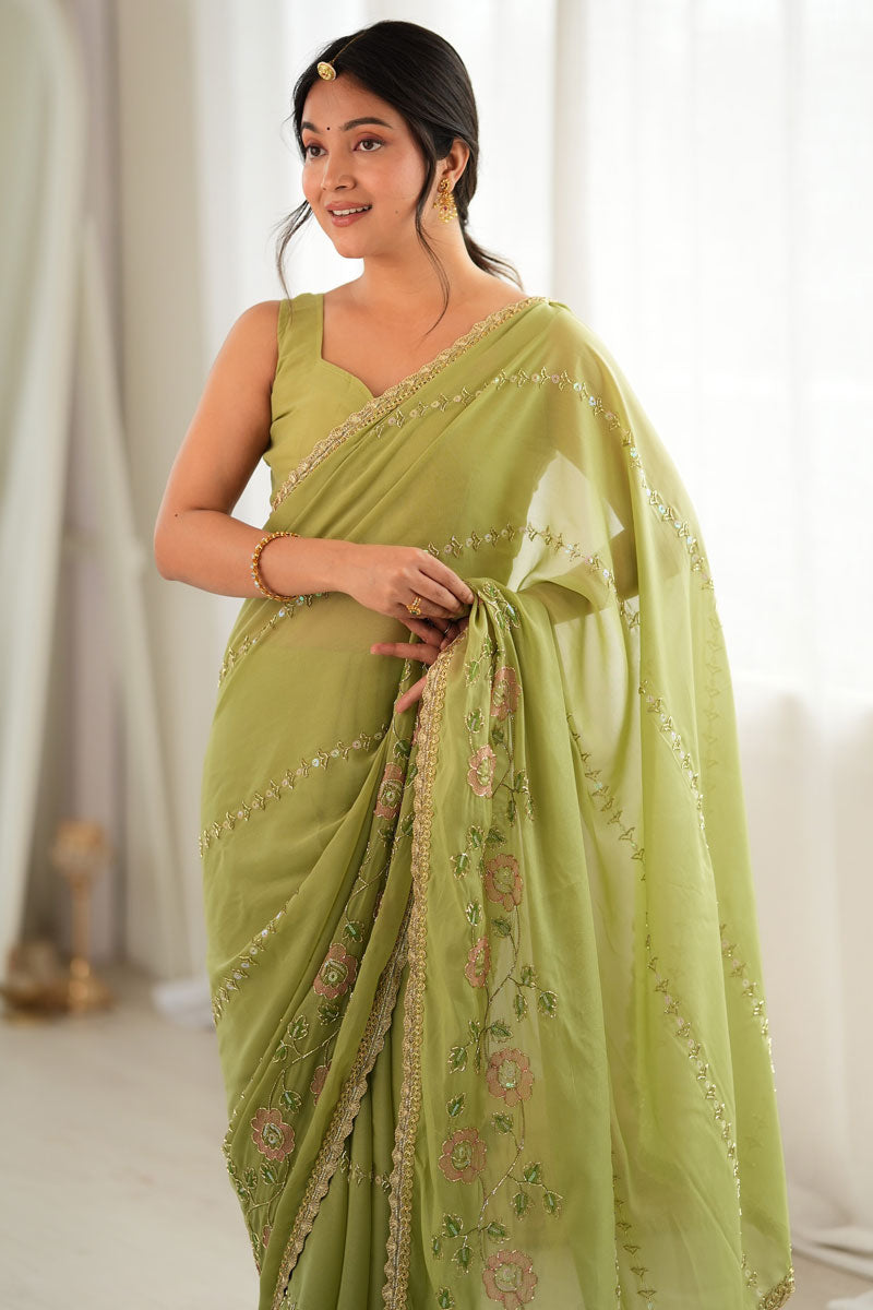 Sea Green Georgette Fabric Party Style Saree | Buy Online India