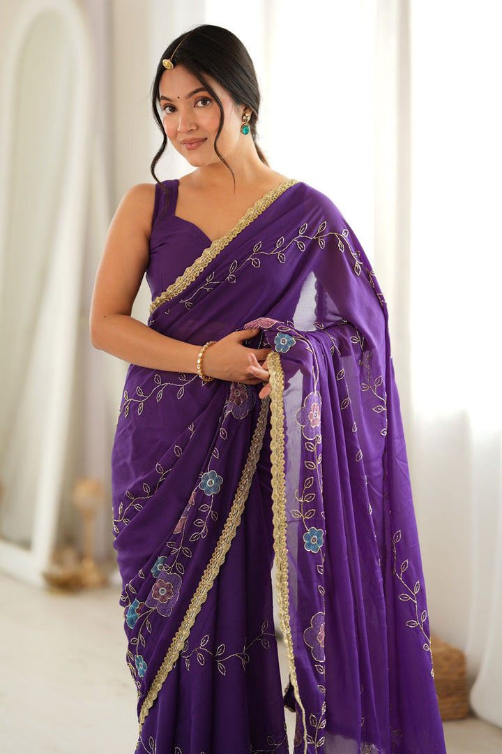 Georgette Fabric Purple Color Party Style Saree | Buy Online India
