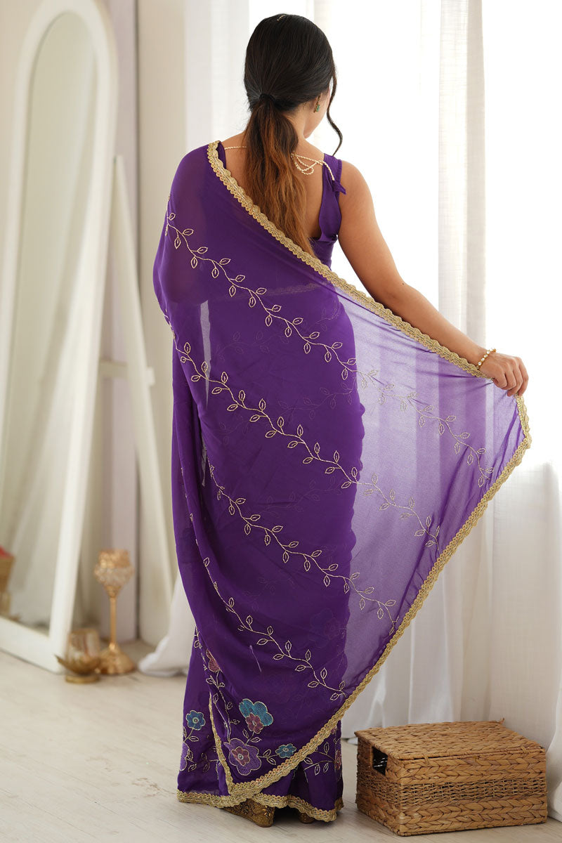 Georgette Fabric Purple Color Party Style Saree | Buy Online India