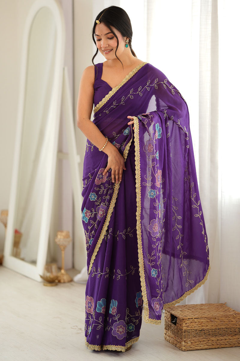 Georgette Fabric Purple Color Party Style Saree | Buy Online India