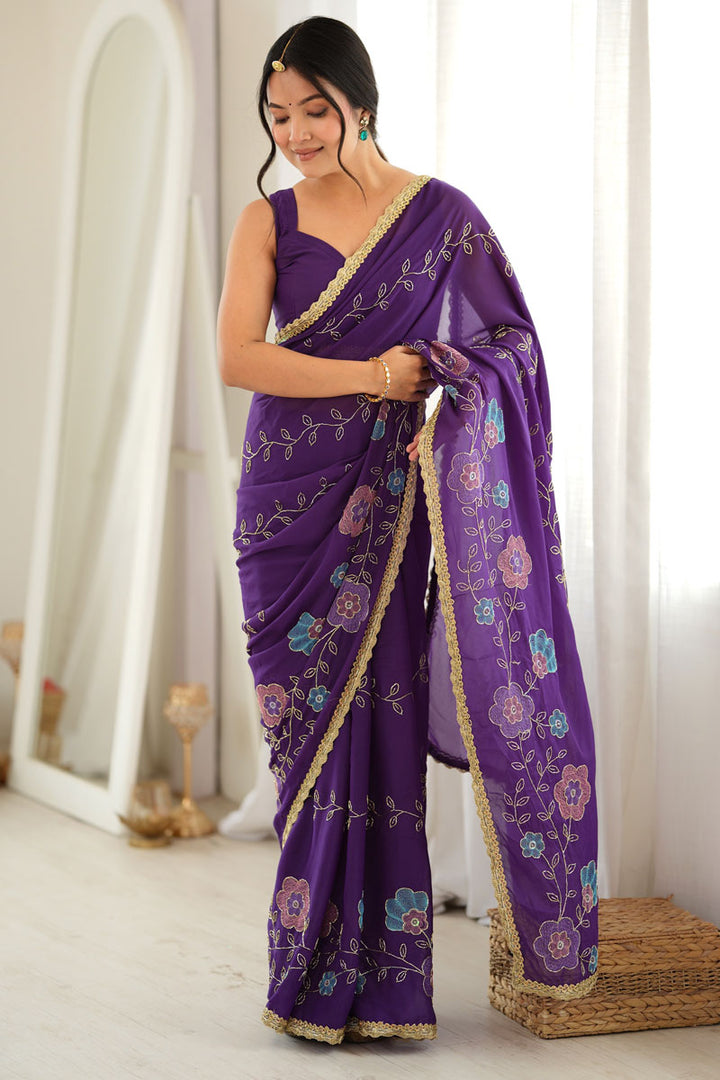 Georgette Fabric Purple Color Party Style Saree | Buy Online India