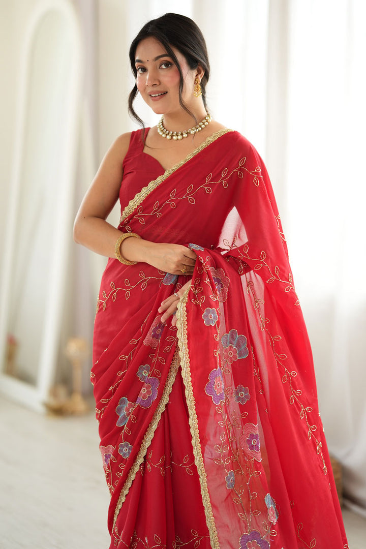 Red Color Georgette Fabric Engaging Embroidered Saree | Buy Online India