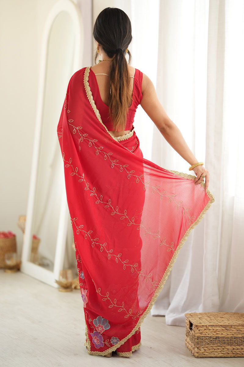 Red Color Georgette Fabric Engaging Embroidered Saree | Buy Online India