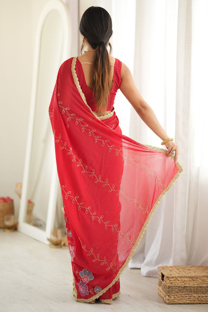 Red Color Georgette Fabric Engaging Embroidered Saree | Buy Online India