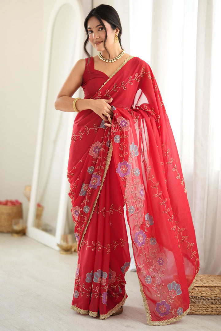 Red Color Georgette Fabric Engaging Embroidered Saree | Buy Online India