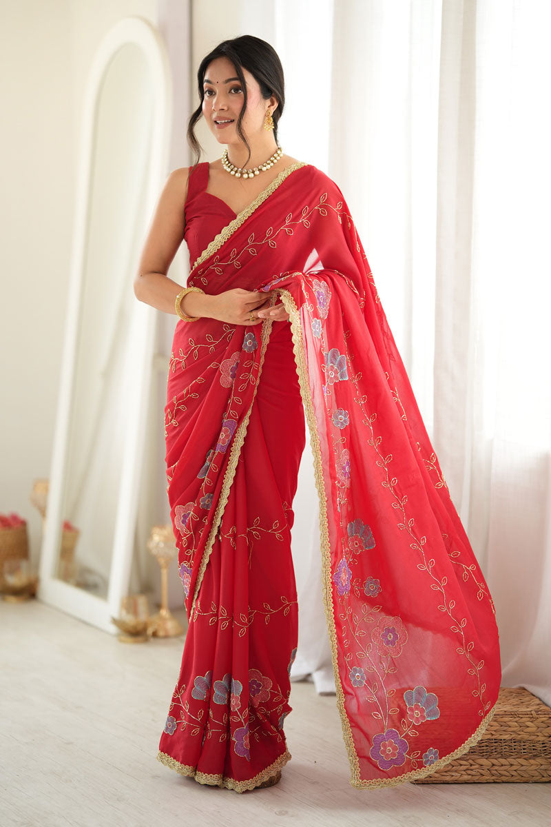 Red Color Georgette Fabric Engaging Embroidered Saree | Buy Online India