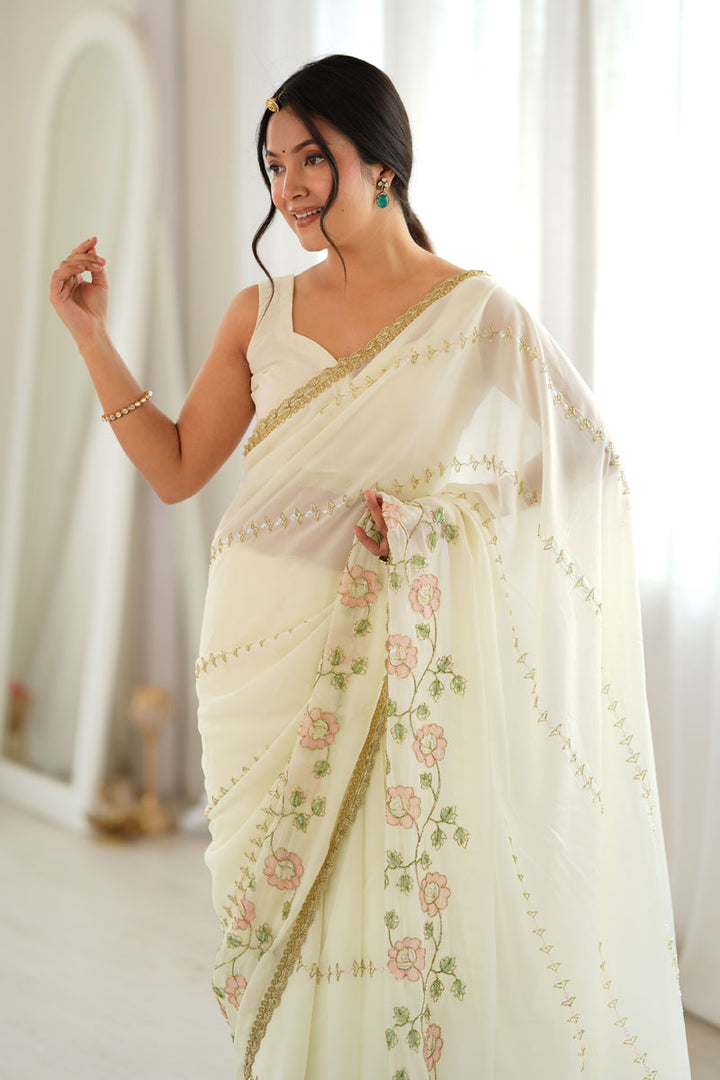 Off White Sober Embroidered Saree In Georgette Fabric | Buy Online India