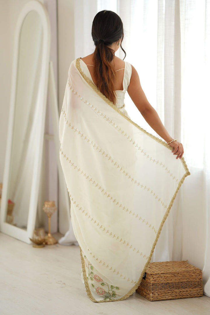 Off White Sober Embroidered Saree In Georgette Fabric | Buy Online India