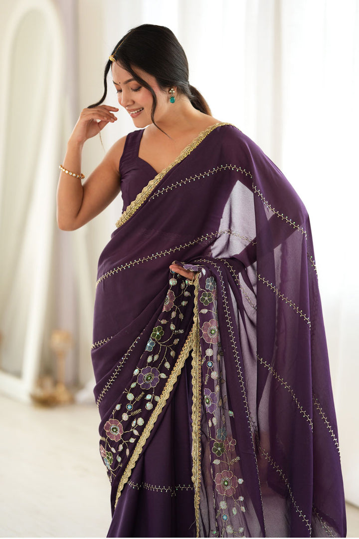 Creative Embroidered Wine Color Georgette Saree | Buy Online India