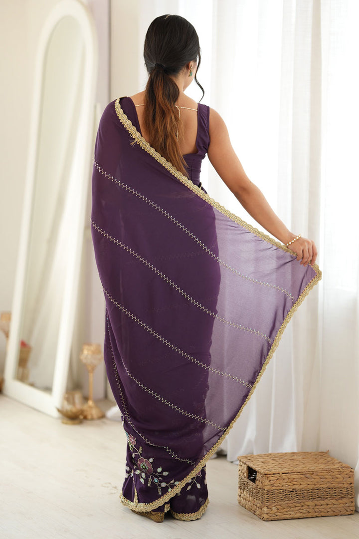 Creative Embroidered Wine Color Georgette Saree | Buy Online India