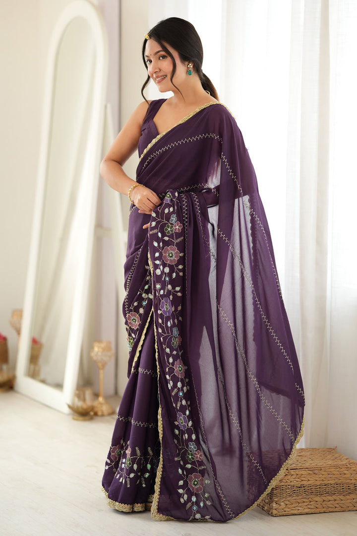 Creative Embroidered Wine Color Georgette Saree | Buy Online India