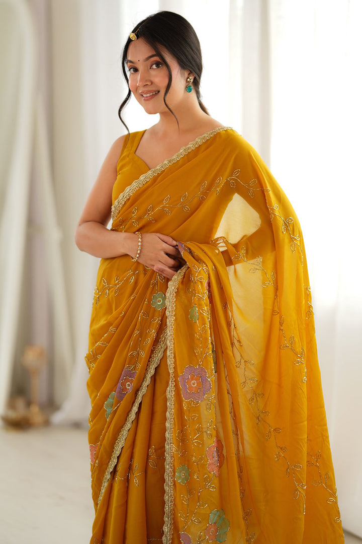 Excellent Georgette Fabric Yellow Color Party Style Saree | Buy Online India