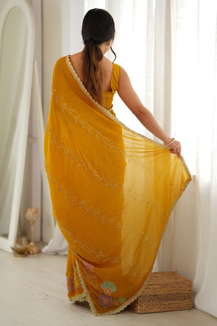 Excellent Georgette Fabric Yellow Color Party Style Saree | Buy Online India