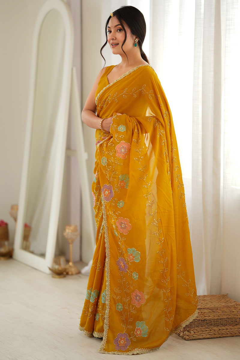Excellent Georgette Fabric Yellow Color Party Style Saree | Buy Online India