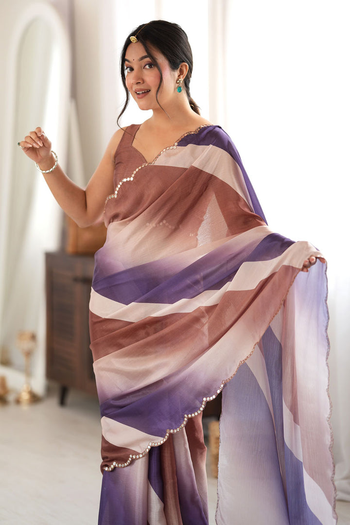 Chinon Printed Mirror Cut Work Brown Saree | Buy Online India