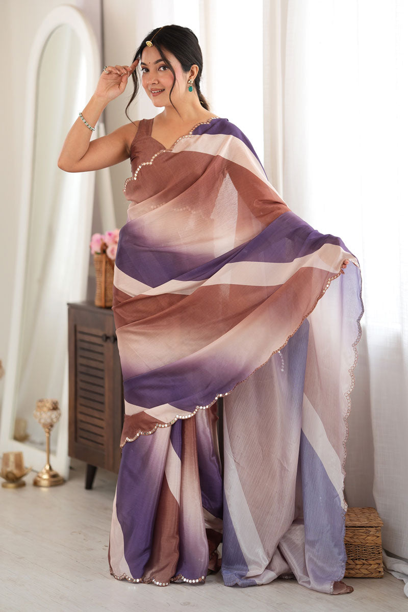 Chinon Printed Mirror Cut Work Brown Saree | Buy Online India