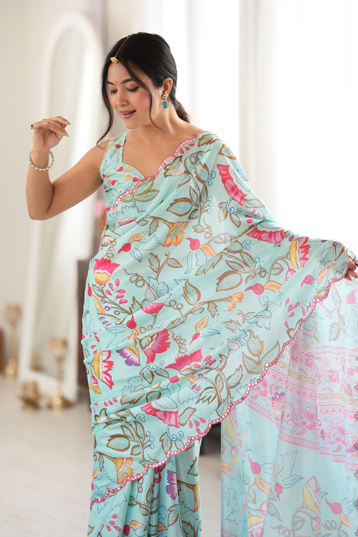Chinon Printed Mirror Cut Work Saree In Sea Green Color | Buy Online India