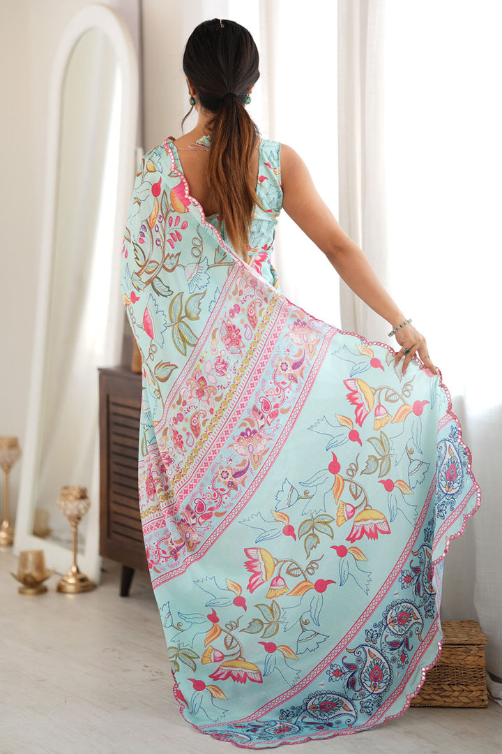 Chinon Printed Mirror Cut Work Saree In Sea Green Color | Buy Online India